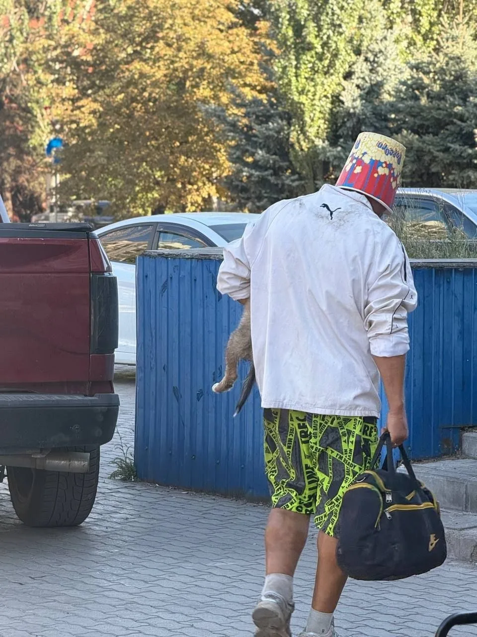 Срочно. Люди, если вы встретите где-либо мужчину с ведром попкорна на голове и с собако...