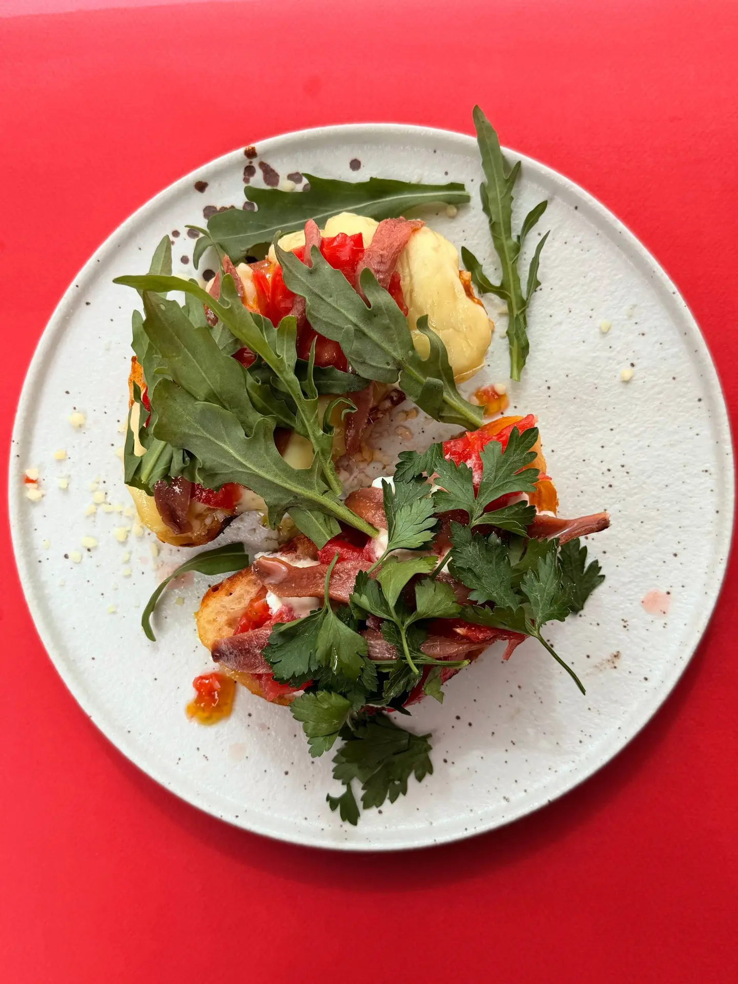 Хрустящие тосты с маринованными желтками, анчоусами и томатами 🥖🍅