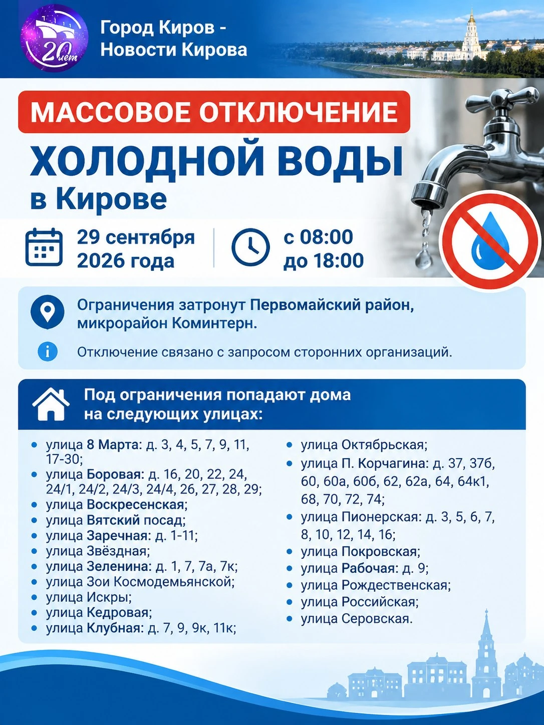 Массовое отключение воды произойдет в Кирове 29 сентября.