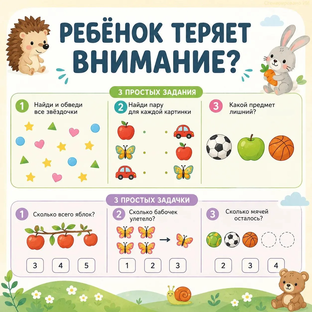 Задачки на внимательность для дошколят
⁣
Дайте детям внимательно рассмотреть карточку и выполнить пр