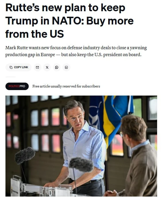 ‼️🇺🇸🇪🇺 Генсек НАТО умоляет Европу покупать американское оружие, чтобы США остались в НАТО, — Politic