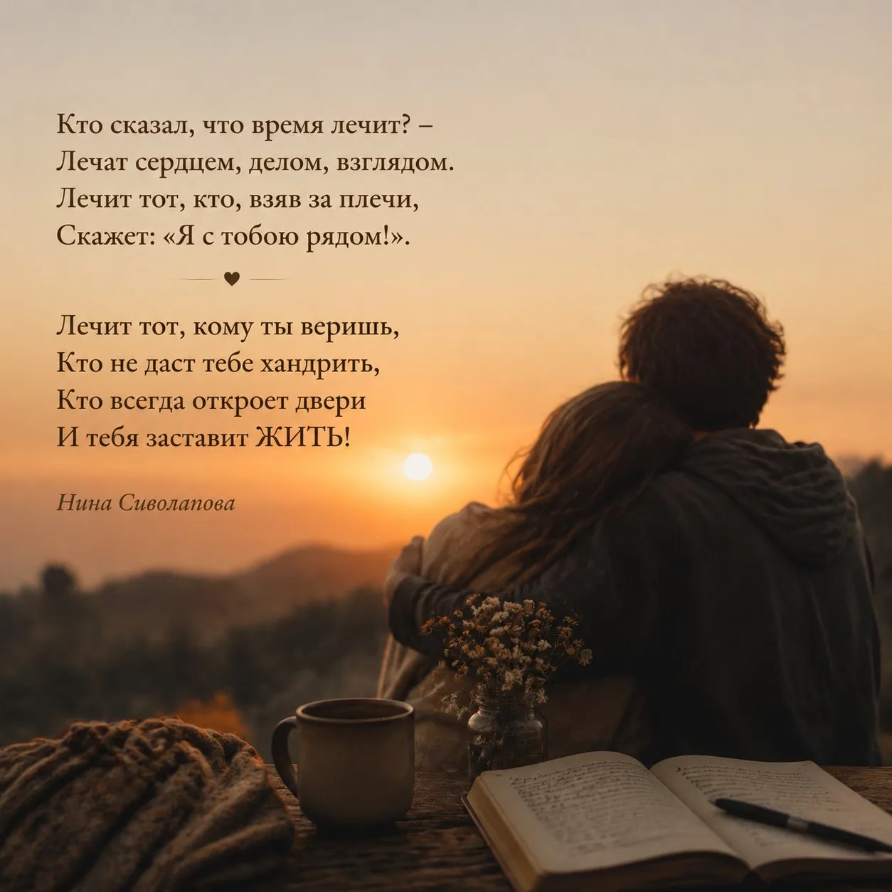 Кто сказал, что время лечит? – 
Лечат сердцем, делом, взглядом. 
Лечит тот, кто, взяв за плечи, 
Ска