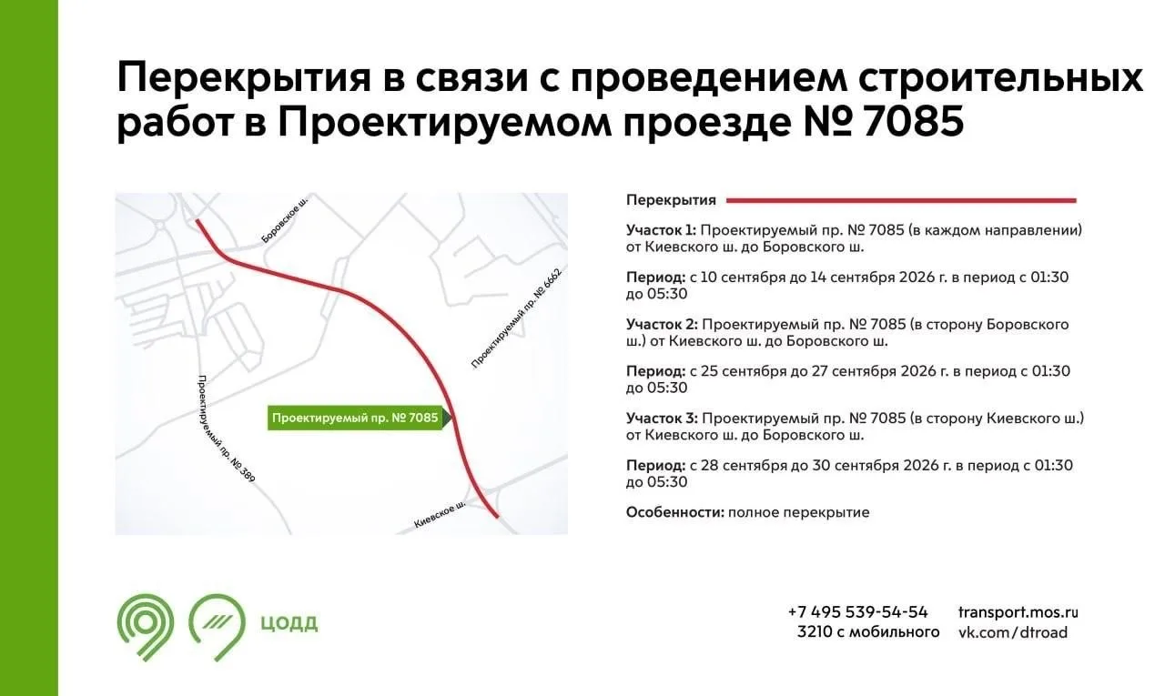 С 10 до 30 сентября в период с 01:30 до 05:30 участки Проектируемого проезда №7085 буду...