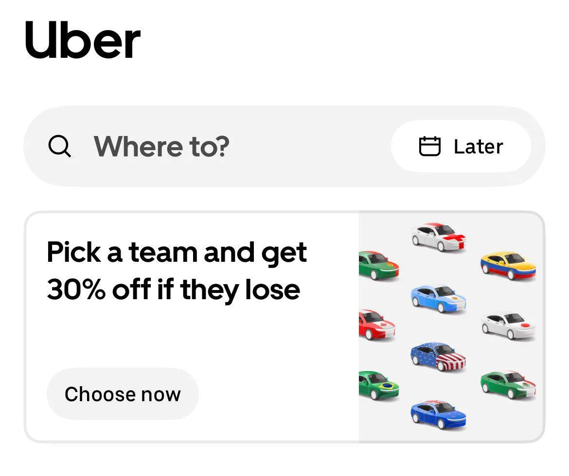 Uber в США запустил приятную акцию к ЧМ‑2026. Сервис решил поддержать болельщиков команд, которые вы