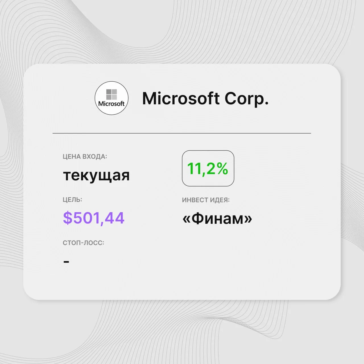 Инвест-идея по акциям Microsoft Corp.

Инвест-идея от: «Финам» 
Цена входа: текущая
Стоп-лосс: –
Цел