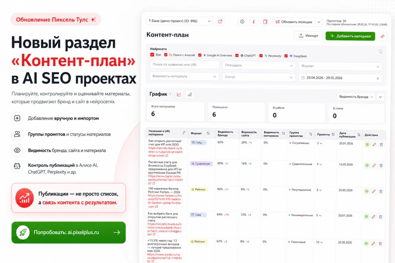 🗓 Новый раздел «Контент-план» в AI SEO проектах