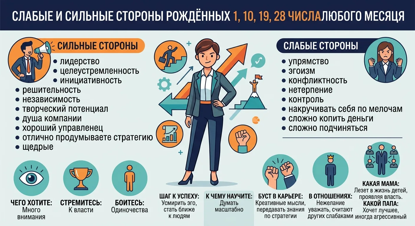 Слабые и сильные стороны
рождённых 1, 10, 19 или 28 числа любого месяца

У вас сильное эго. Для вас 