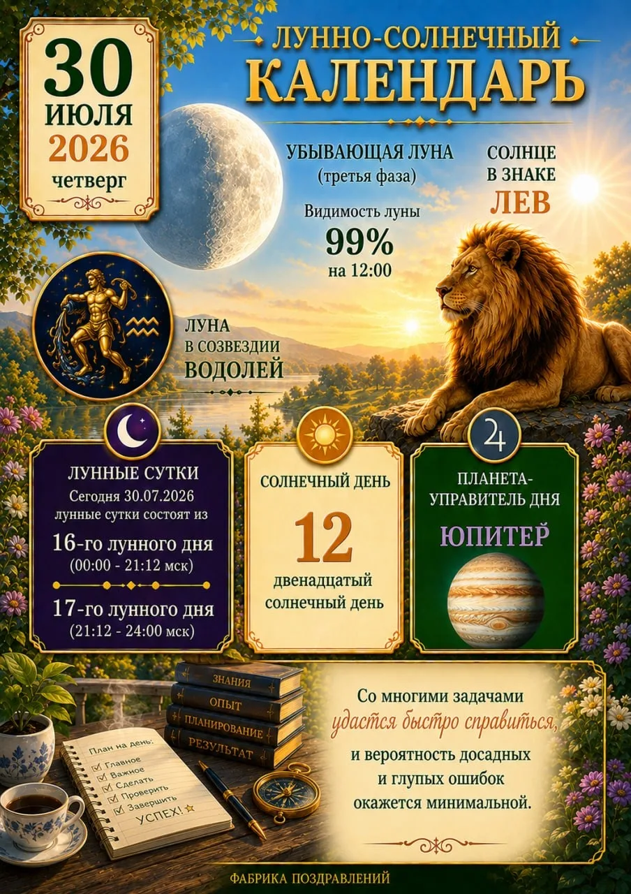 💫 30 июля...
Лунно-солнечный календарь.
 🌠🔭⭐️🔭🌠


❤️ Фабрика Поздравлений

☀️✨🟢✨☀️

❗️ НАШ КАН