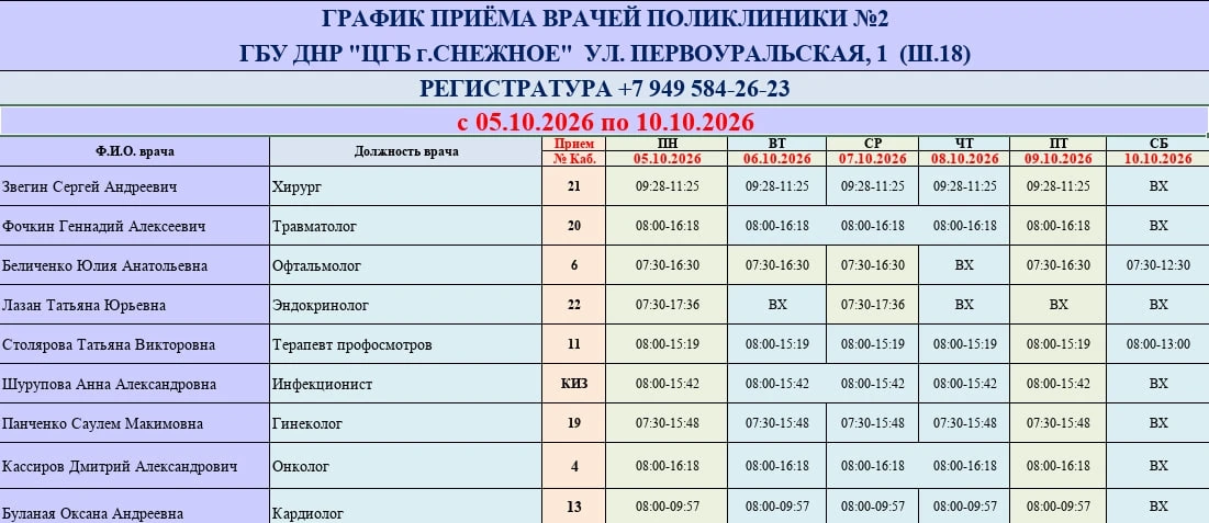 📆 График работы врачей ГБУ ДНР «ЦГБ г. Снежное». в период с 05.10.2026 по 10.10.2026.
