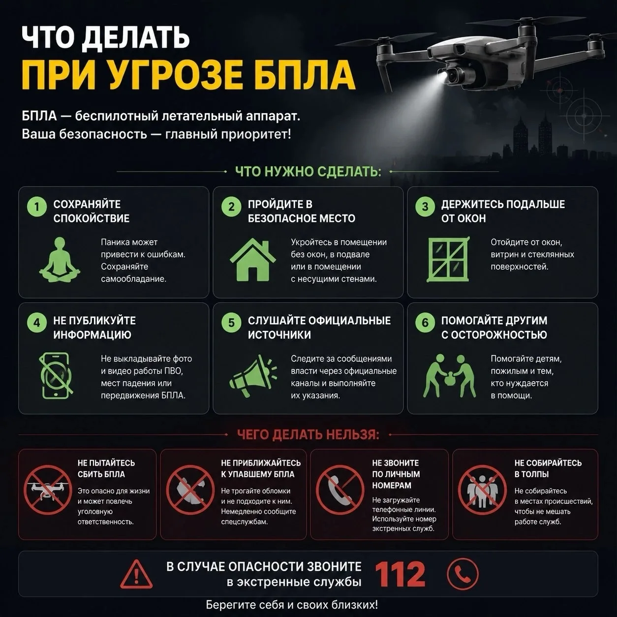 Уважаемые друзья и коллеги!

Сегодня бдительность и знание правил поведения при угрозе БПЛА - не про