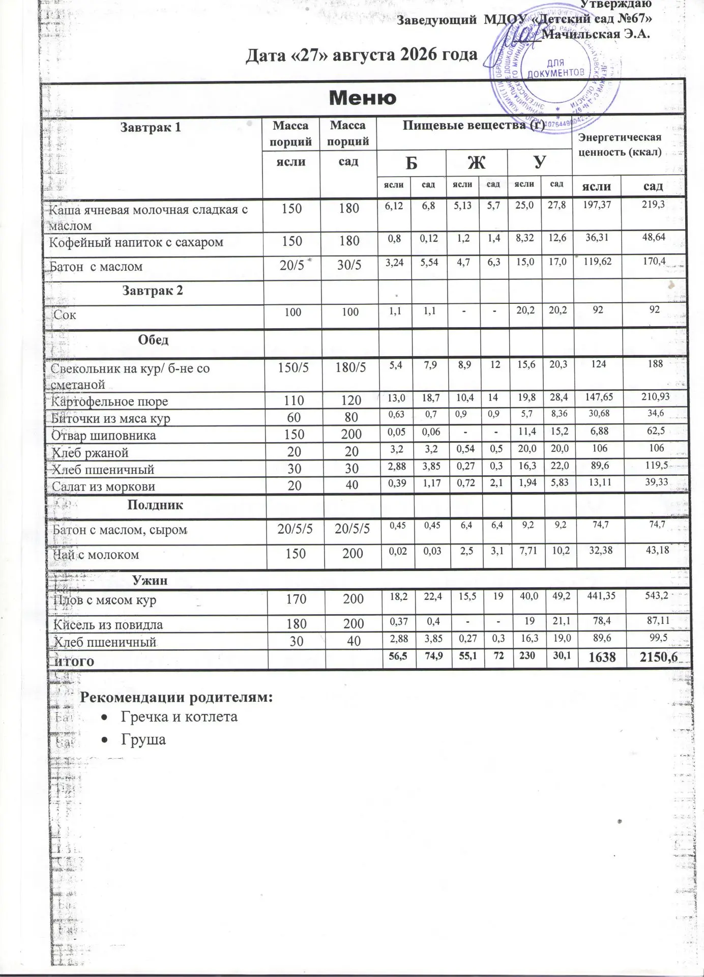 Меню на четверг 27 августа 2026 года