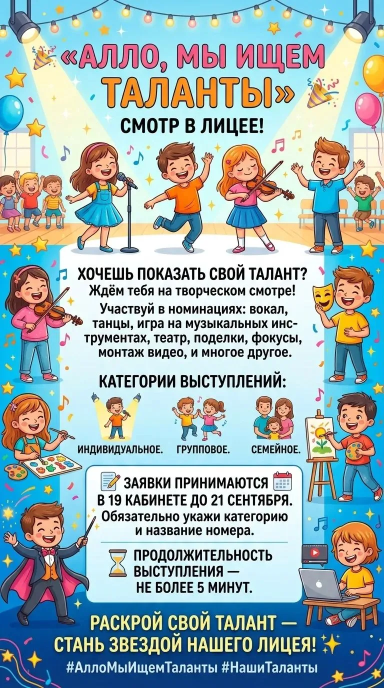 🎉 «Алло, мы ищем таланты!» — смотр в лицее! 🎉Хочешь показать свой талант? Ждём тебя н...