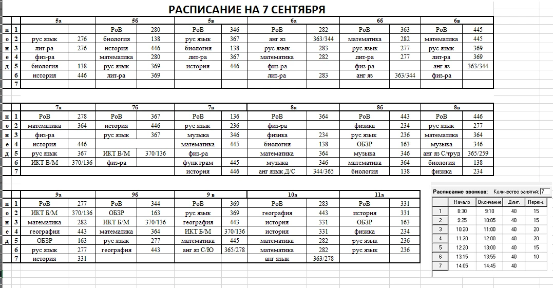 Расписание уроков на 7 сентября