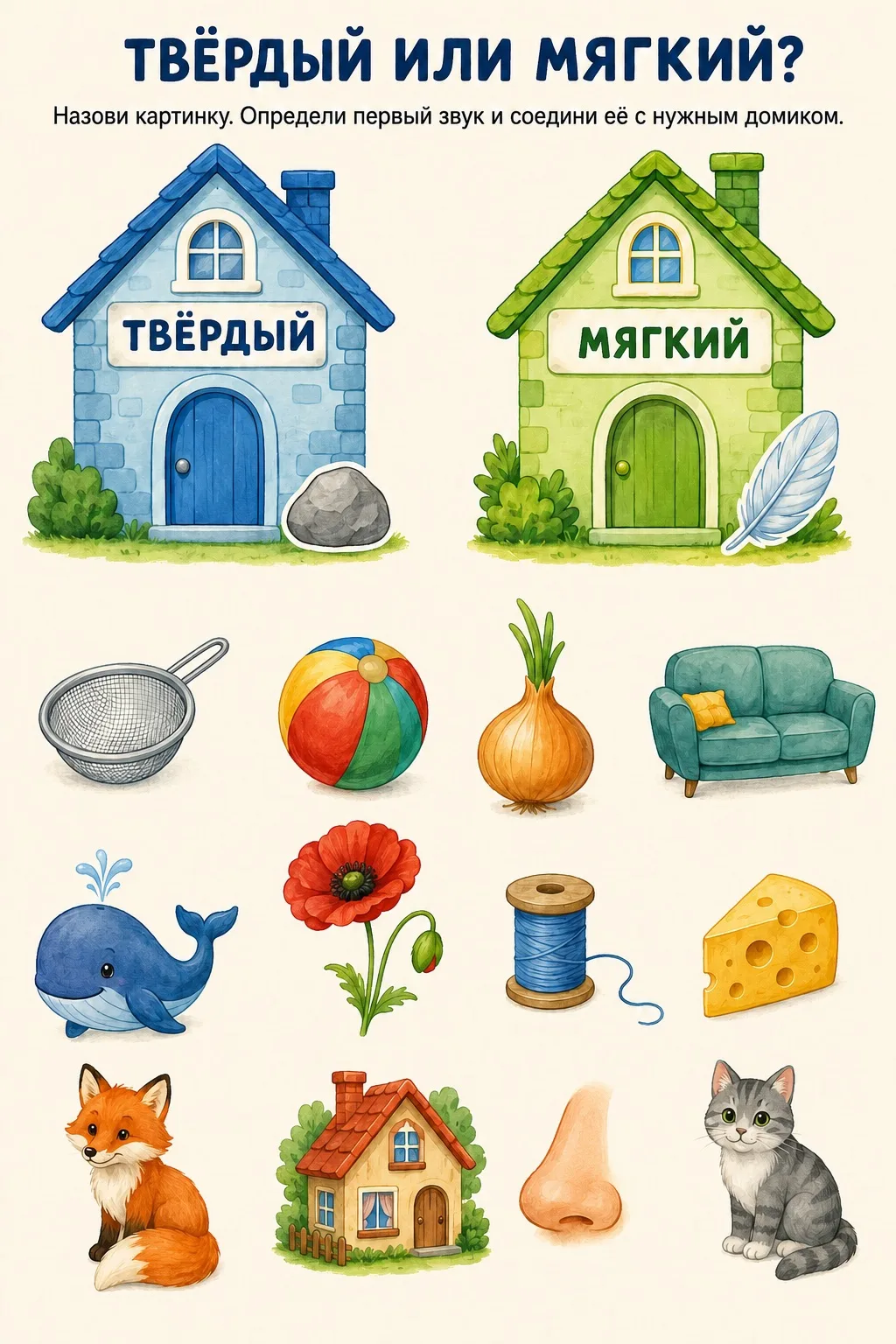 🖇️ ДИФФЕРЕНЦИАЦИЯ ТВЁРДЫХ И МЯГКИХ СОГЛАСНЫХ — ИГРОВОЙ ЛИСТ 🏠🔊