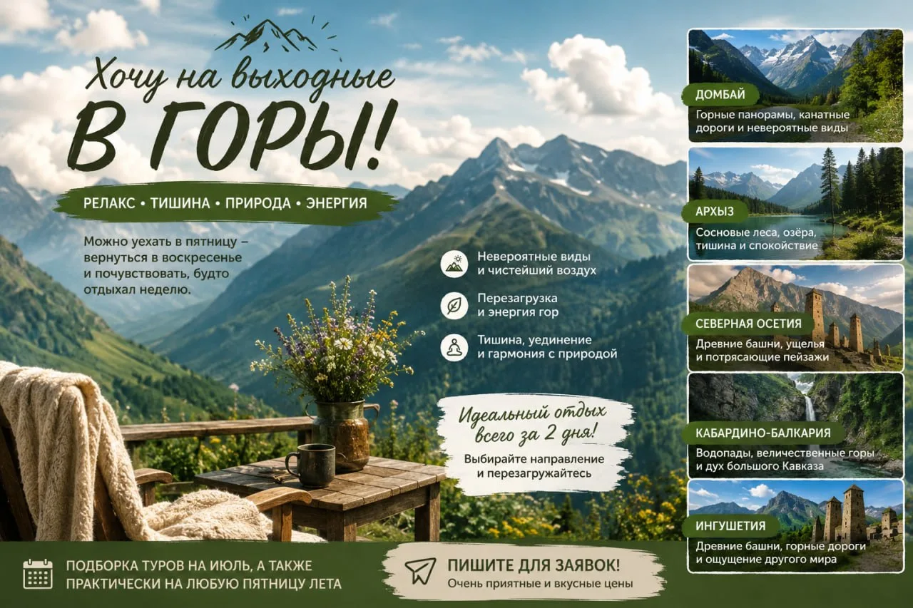 ✈️ Хочется в горы?

Чтобы утром открыть окно, а там облака цепляются за вершины.
Чтобы вокруг была т