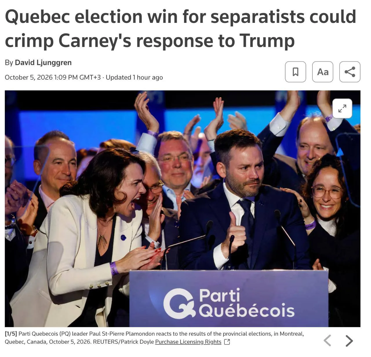 В 🇨🇦канадском Квебеке на местных выборах победила сепаратистская партия Поля Сен-Пьер...
