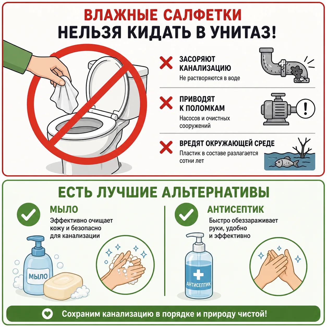 🚽 Почему влажные салфетки нельзя смывать в унитаз?