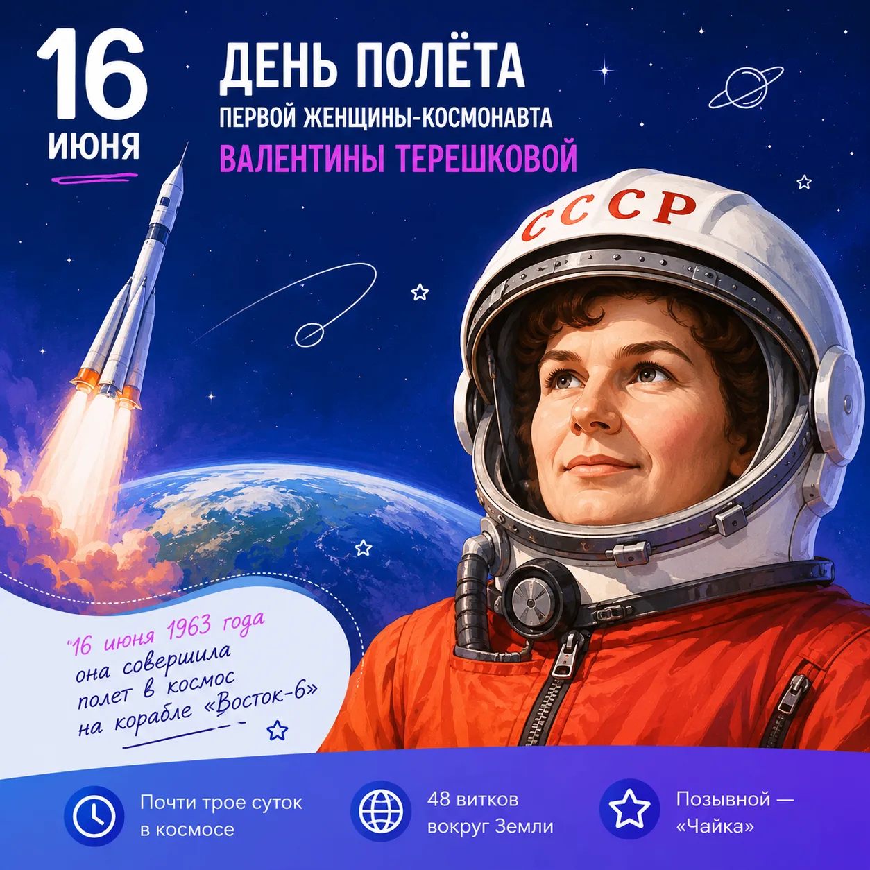 🚀 16 июня — день, который навсегда вошёл в историю мировой космонавтики

Именно в этот день, 16 июн