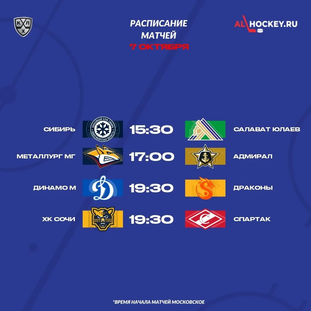 🗓 Расписание матчей игрового дня в регулярном чемпионате КХЛ 🏒