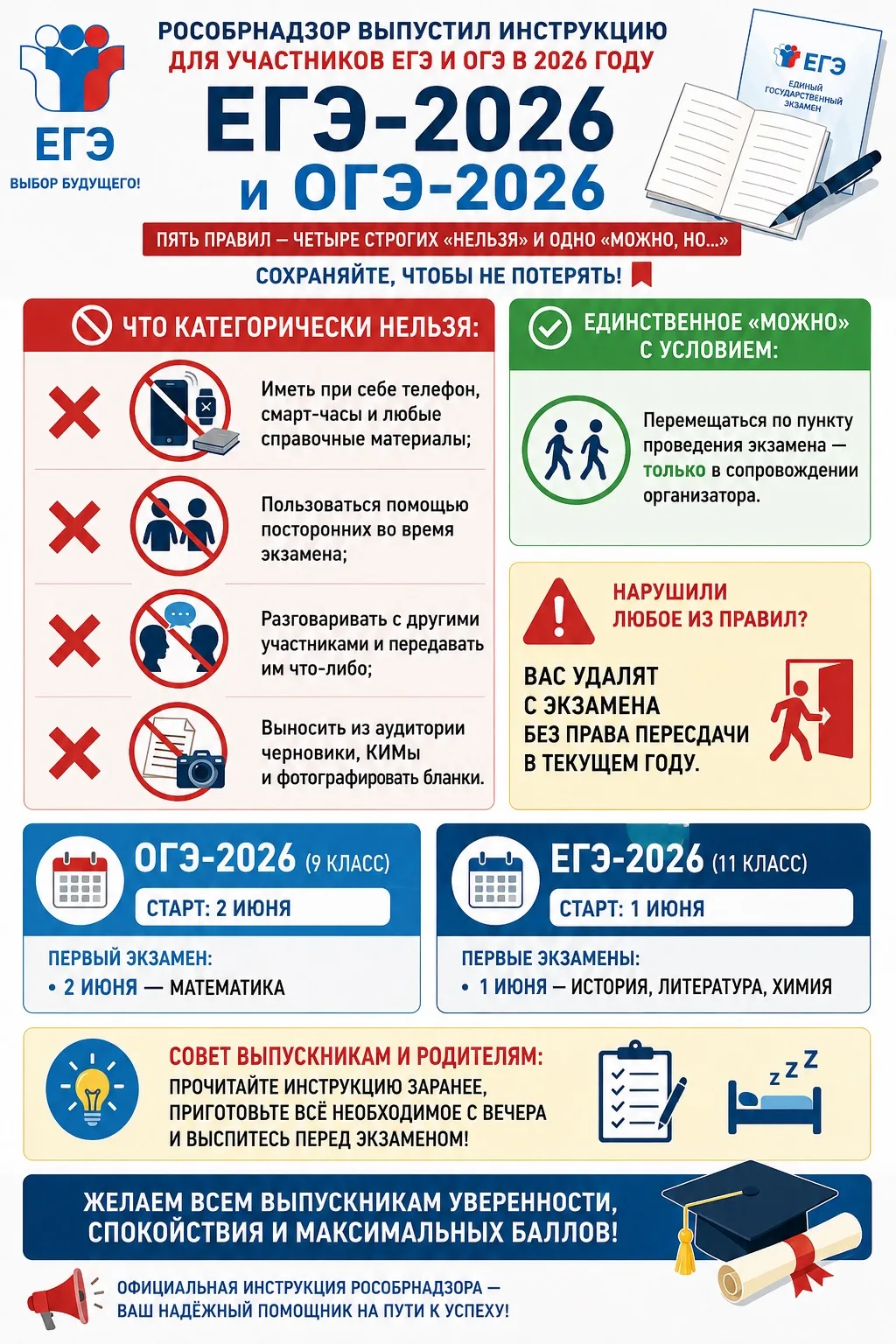 📢 Рособрнадзор выпустил инструкцию для участников ЕГЭ и ОГЭ в 2026 году