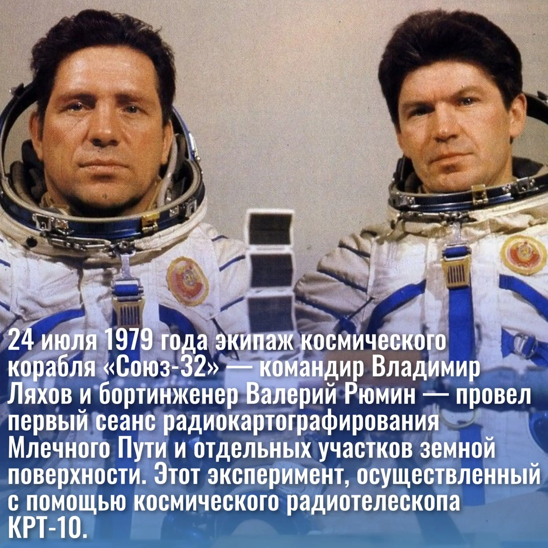 24 июля 1979 года В.А.Ляхов и В.В.Рюмин (экипаж КК «Союз-32») провели первый сеанс радиокартографиро