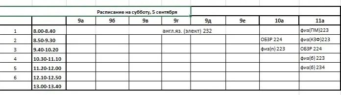 Расписание на субботу, 5 сентября