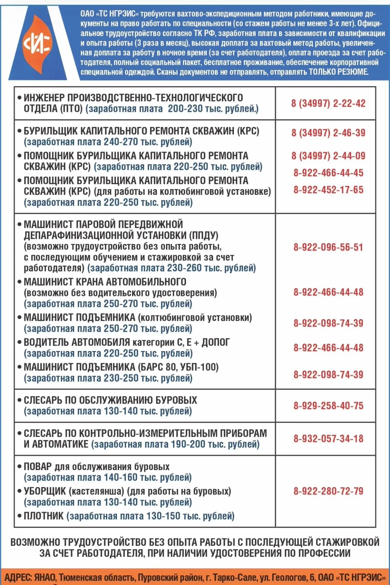 ОАО «ТС НГРЭИС» требуются работники вахтово-экспедиционным методом с документами на право работы по 