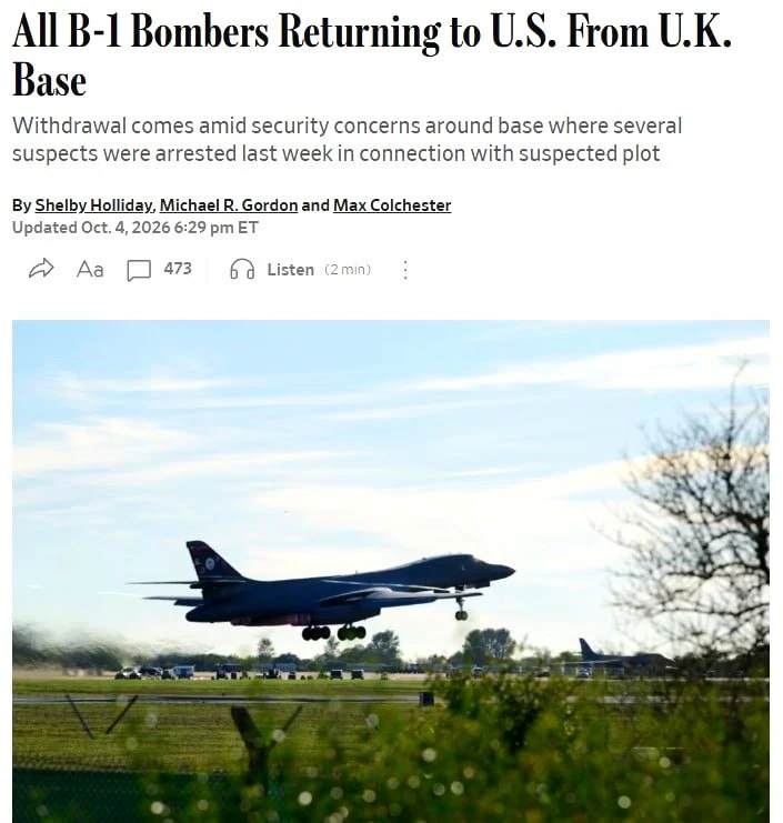 США передислоцировали все бомбардировщики B-1 с британской авиабазы Фэрфорд обратно на ...
