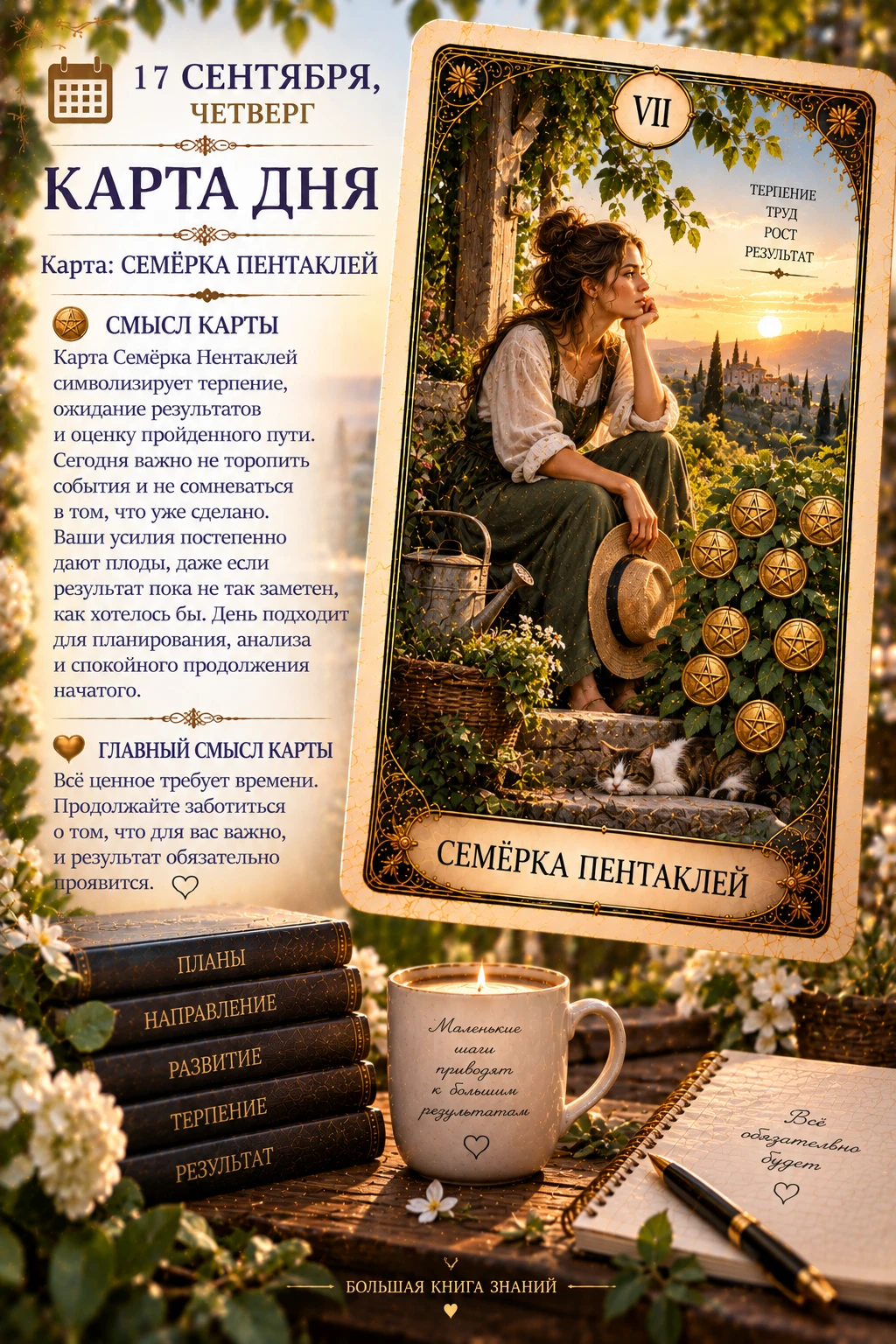 📅 17 сентября, четверг — карта дня: Семёрка Пентаклей 🌱