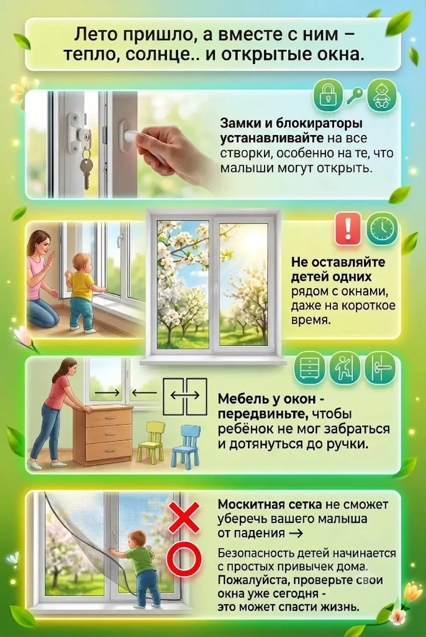 ⚠️ "ОТКРЫТОЕ ОКНО - ОПАСНОСТЬ ДЛЯ РЕБЁНКА"! ⚠️

С наступлением тёплой погоды мы всё чаще открываем о