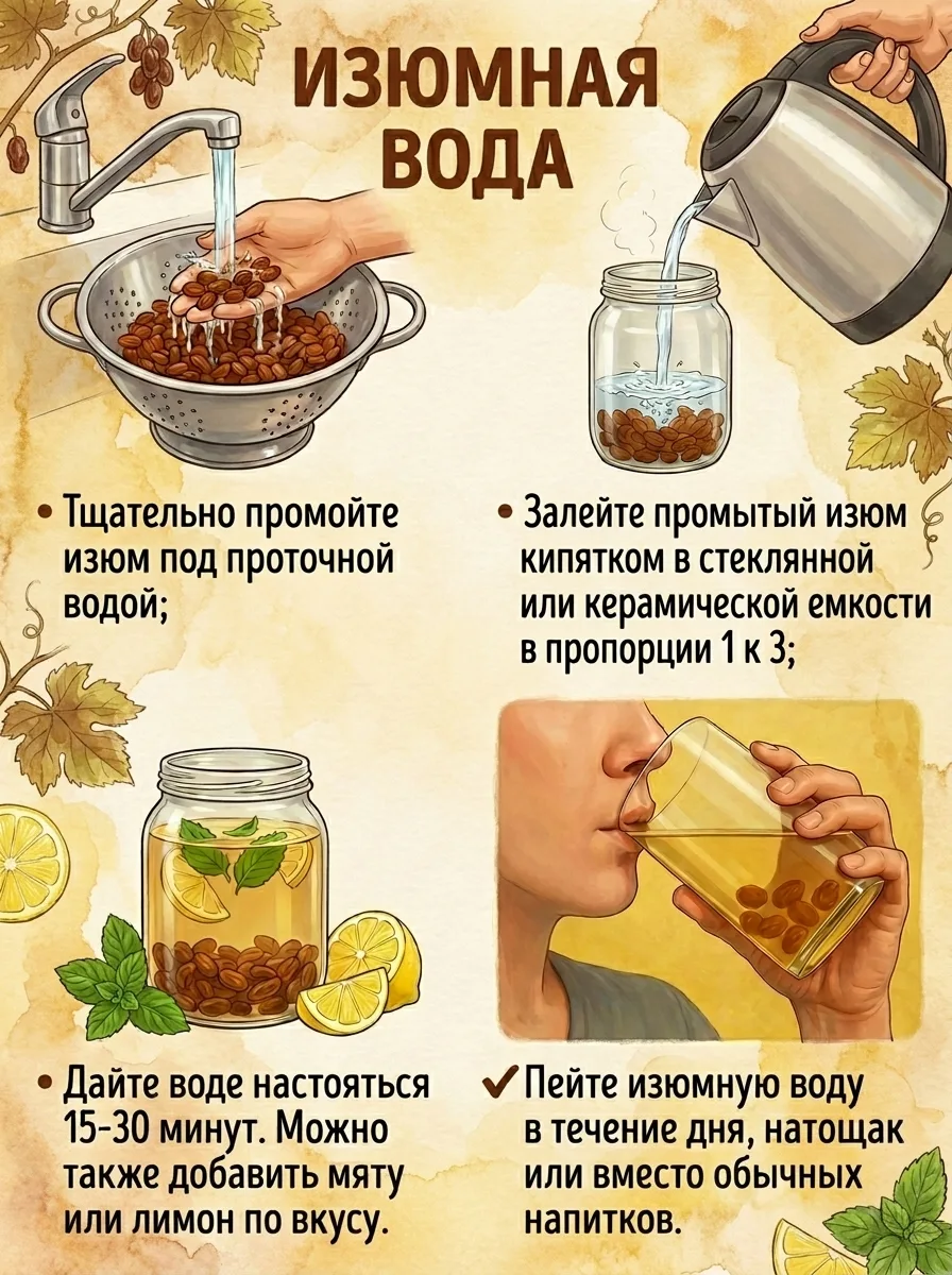 Изюмная вода: простой напиток для здоровья

Изюмную воду называют «эликсиром здоровья». Она укрепляе