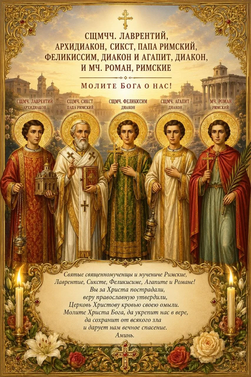 Сщмчч. Лавре́нтия, архидиакона, Сикста II, папы Римского, Фелики́ссима и Агапи́та, диак...
