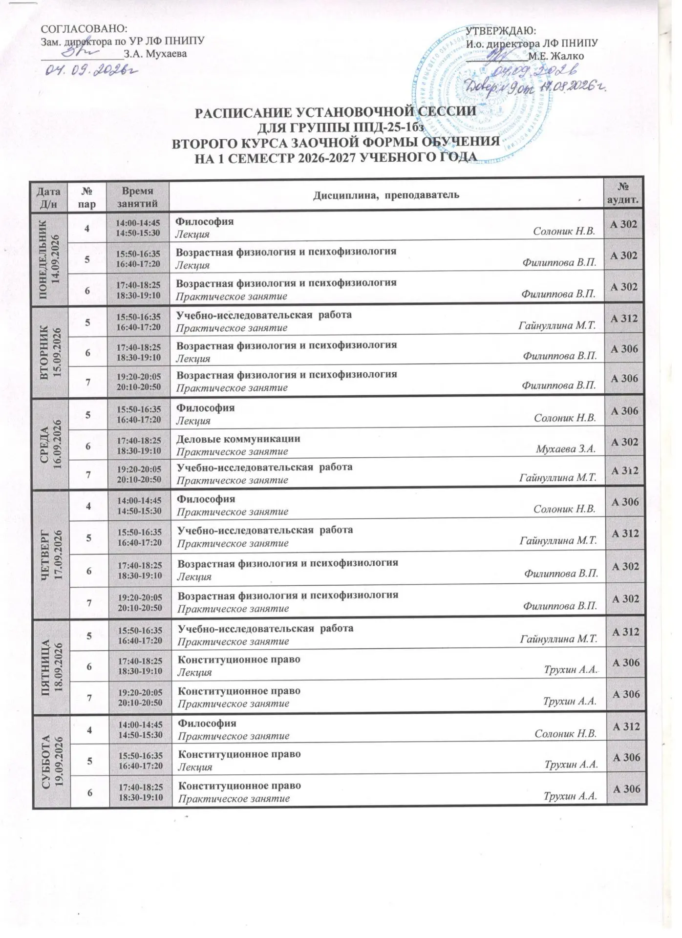 Актуальное расписание установочной сессии заочных групп ВО 2 курса на период с 14.09.20...
