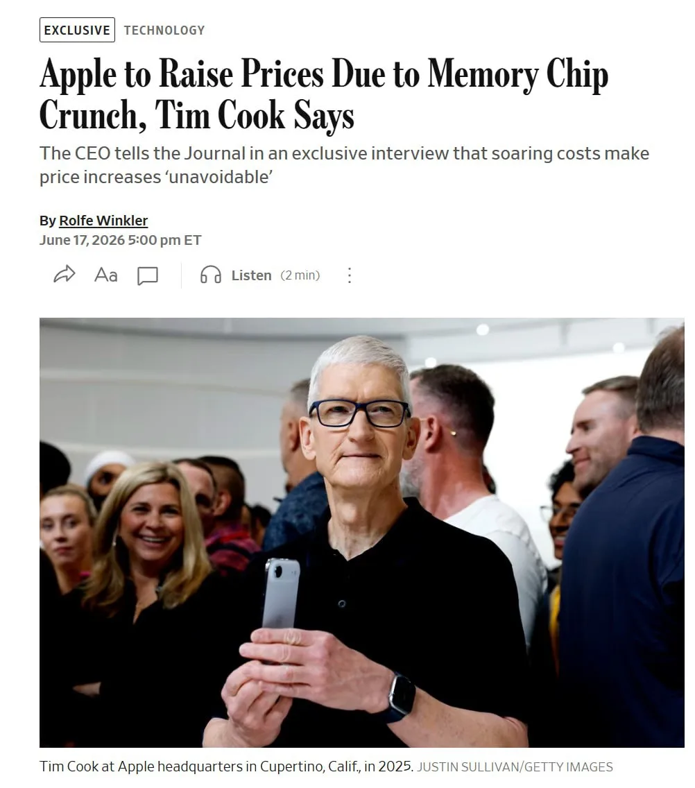 ⚡️ Apple резко ПОВЫСИТ ЦЕНЫ на iPhone, MacBook и всю технику — официально объявил Тим Кук 

Причина 
