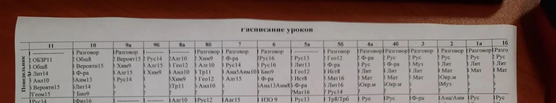 🗓 Расписание уроков на понедельник, 21 сентября