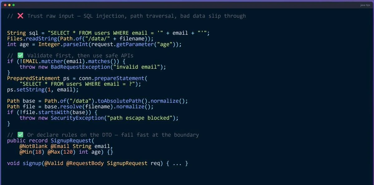 Java: никогда не доверяйте внешнему вводу напрямую

Пользовательский ввод нельзя сразу подставлять в