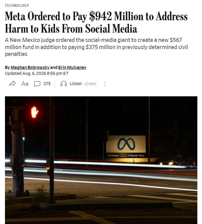 ⚡️Meta* обязали выплатить $942 млн из-за вреда, который соцсети причинили детям, — The Wall Street J