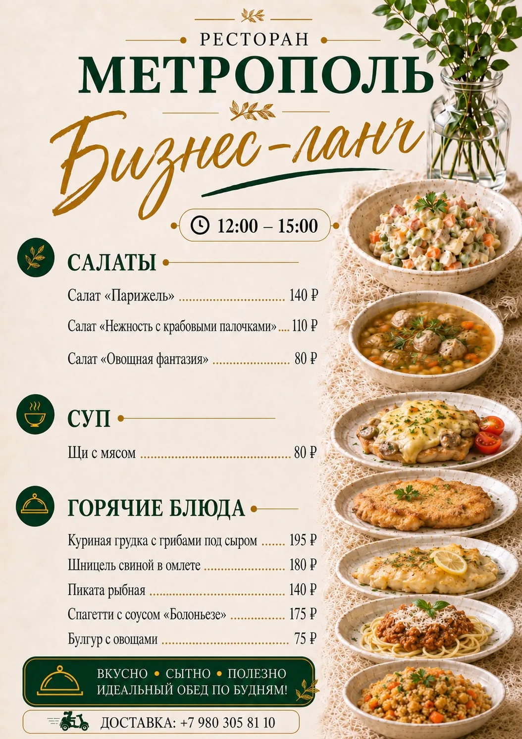 🍽 Бизнес-ланч в ресторане  «Метрополь»  

С 12:00 до 15:00 приглашаем вас на вкусный и быстрый обед