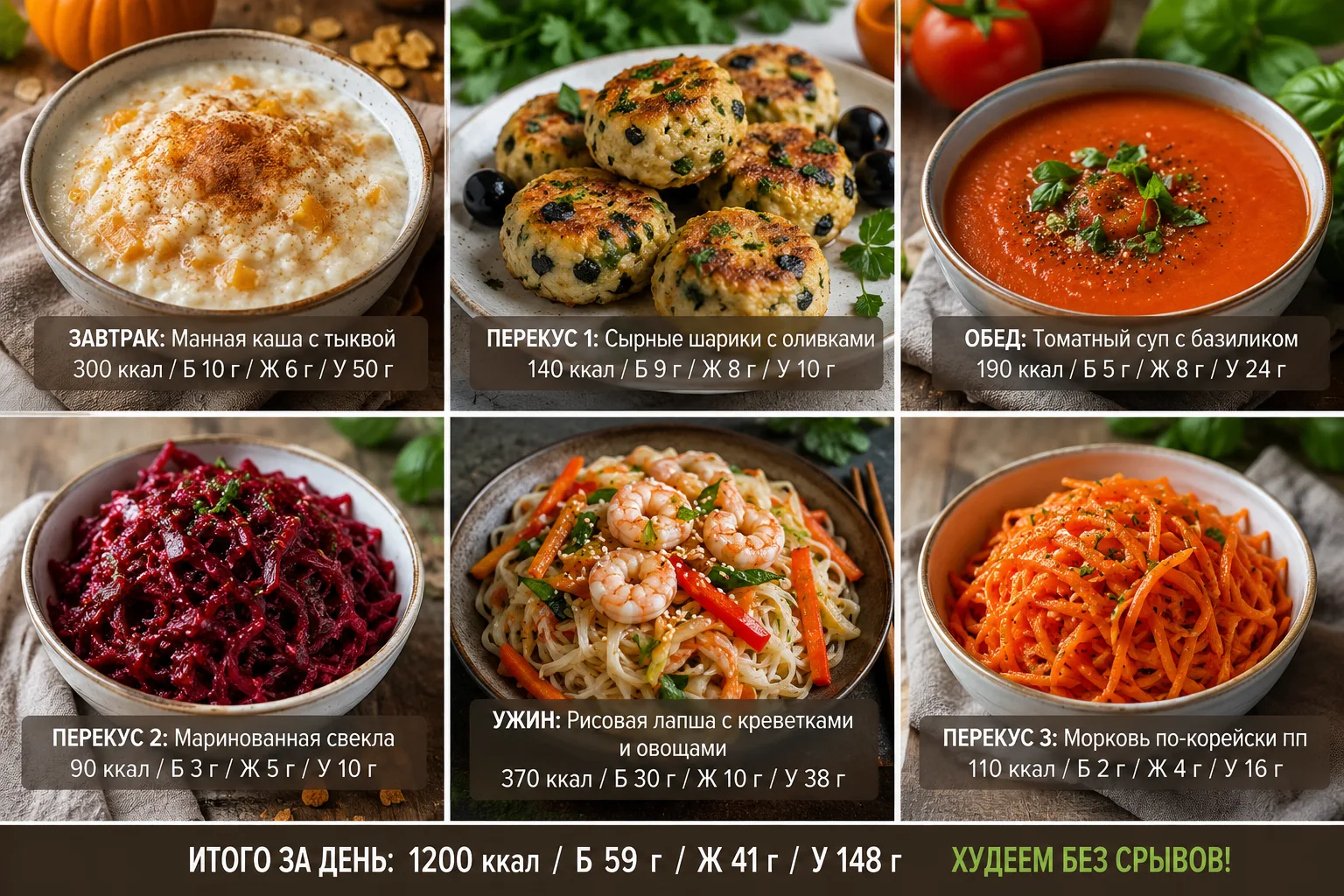 🍽 МОЙ РАЦИОН НА СЕГОДНЯ — ГОТОВЛЮ И НАСЛАЖДАЮСЬ! 

🌅 ЗАВТРАК: Манная каша с тыквой
Ингредиенты: 🎃
