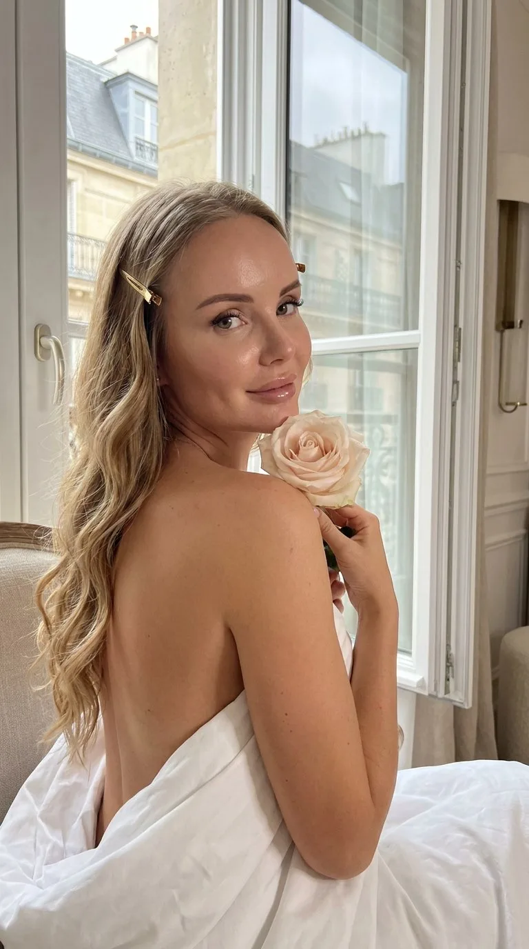 Ultra-realistic iPhone portrait near a bright window in an elegant Parisian apartment. The woman sit