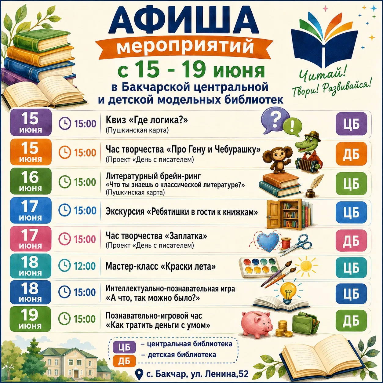 🌞 Дорогие друзья! 🍃 
Публикуем мероприятия с 15 ф 19 июня.
Ждем вас к нам в Бакчарскую центральную