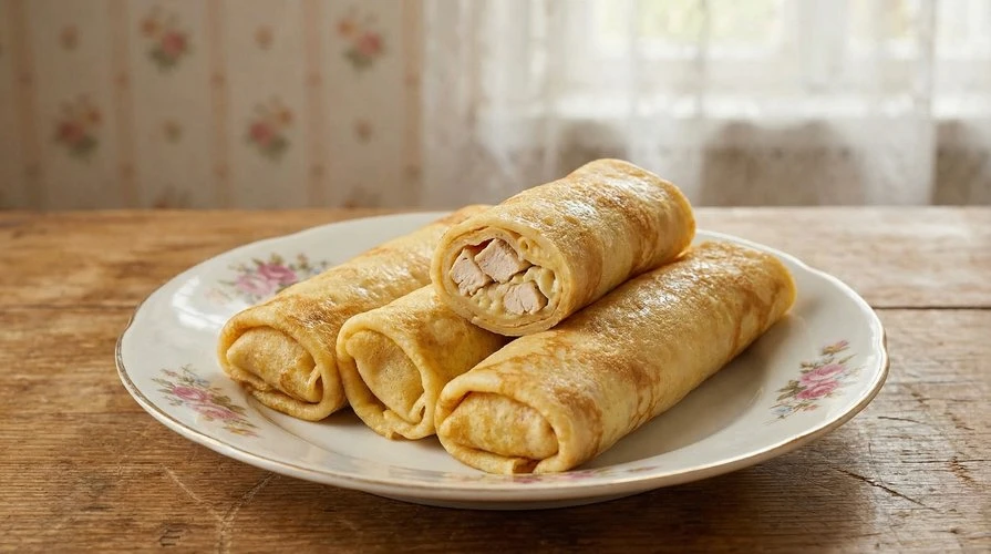 Блинчики с куриной начинкой и сыром — Сытные, белковые блинчики без муки с нежной куриной начинкой. 