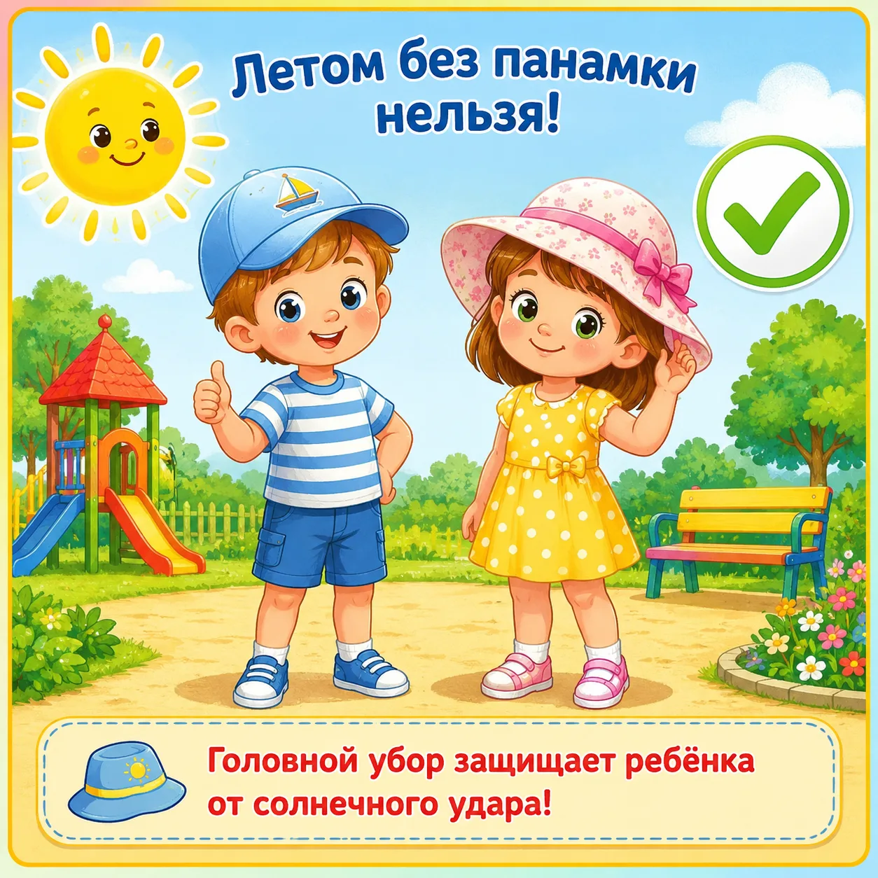 Рубрика "Азбука безопасности"
☀️🧢 ГОЛОВНОЙ УБОР ЛЕТОМ — ЭТО ВАЖНО!

Лето дарит детям много радости,