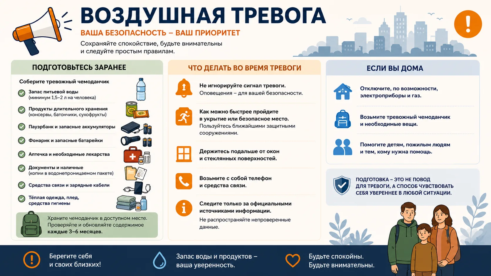 🚨 Что делать во время воздушной тревоги?

Сохраняйте спокойствие и заранее подготовьтесь — это помо
