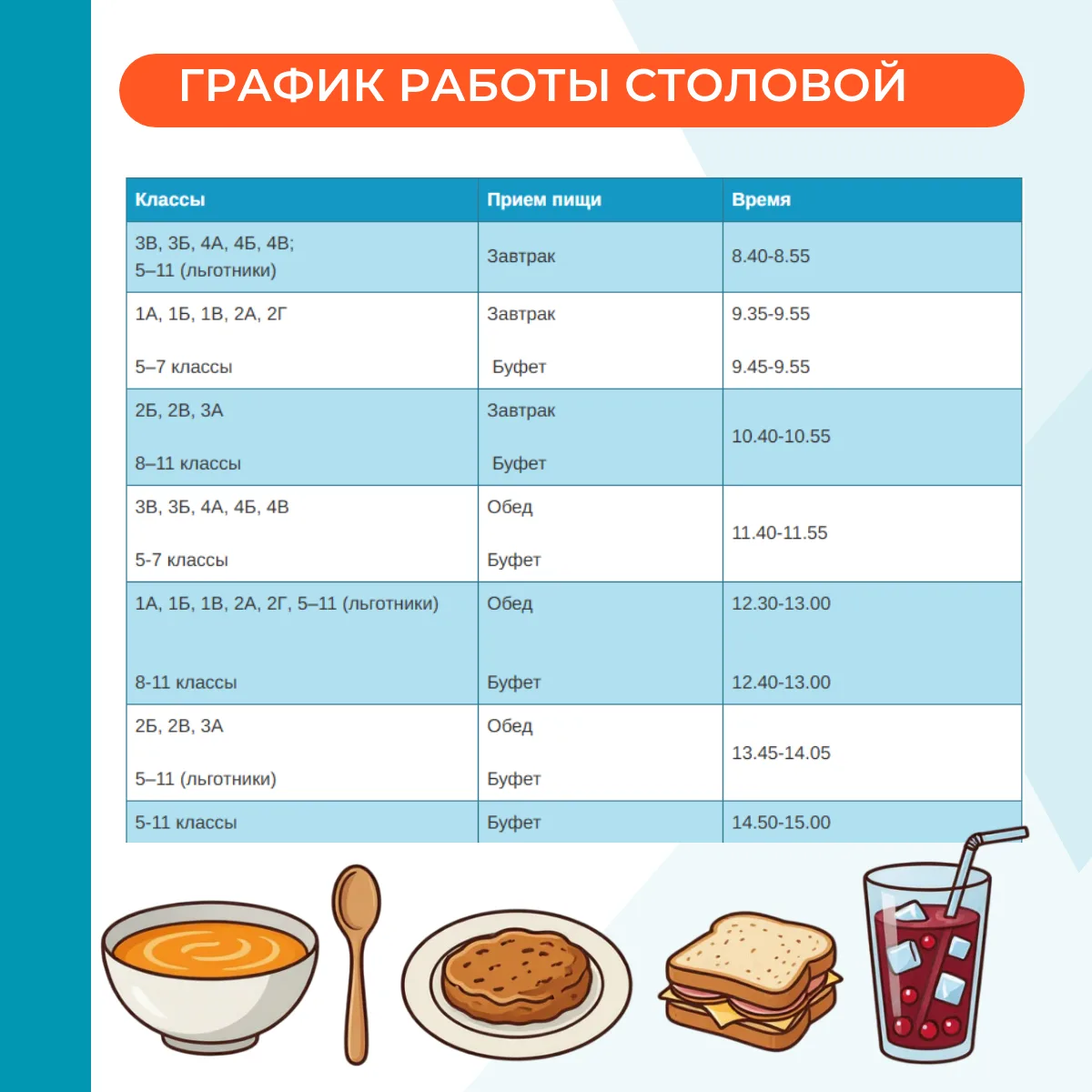 Публикуем расписание работы школьной столовой.