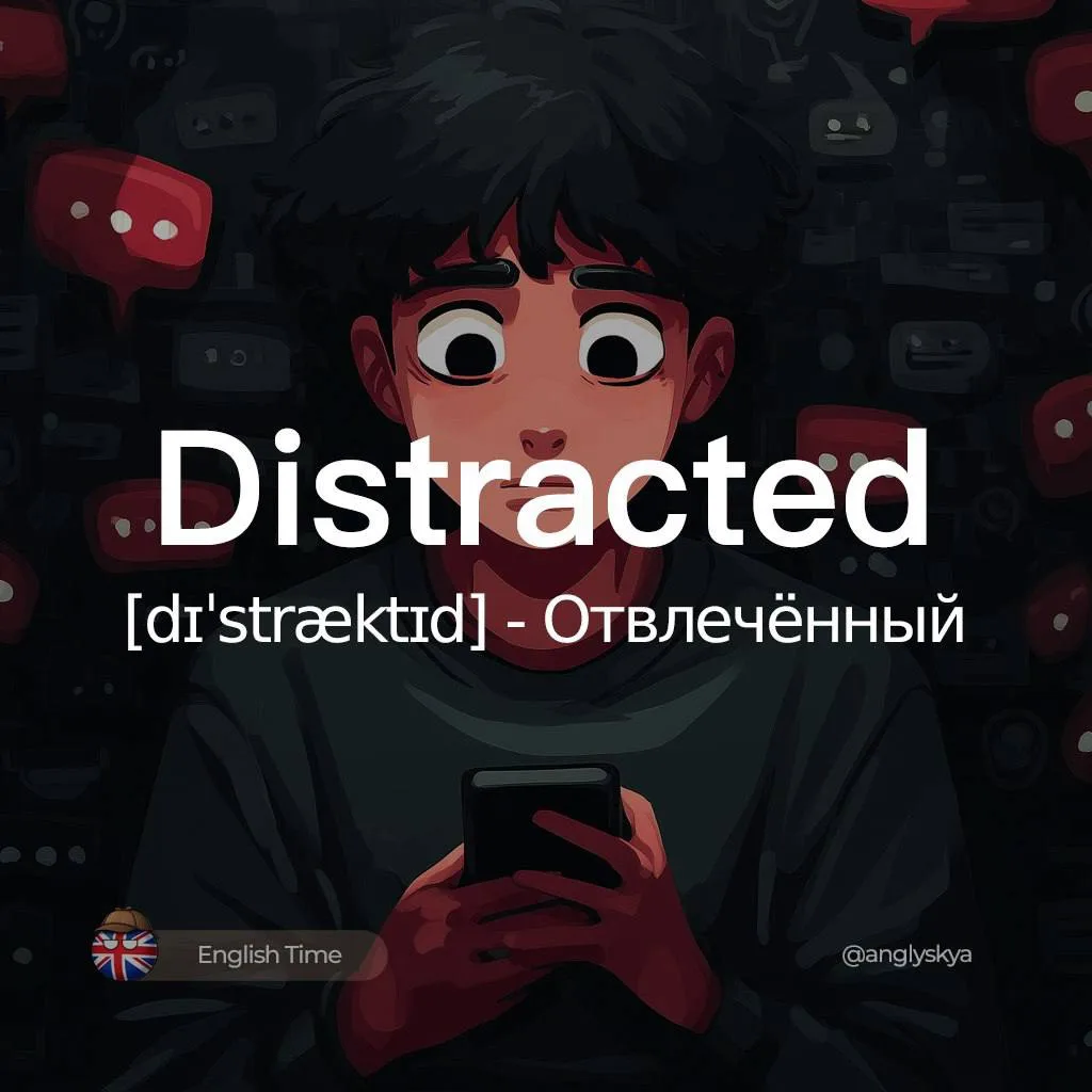 Distracted (dɪˈstræktɪd) – отвлечённый

Похожие слова:  
1. Diverted (daɪˈvɜːrtɪd) – изменённый
2. P