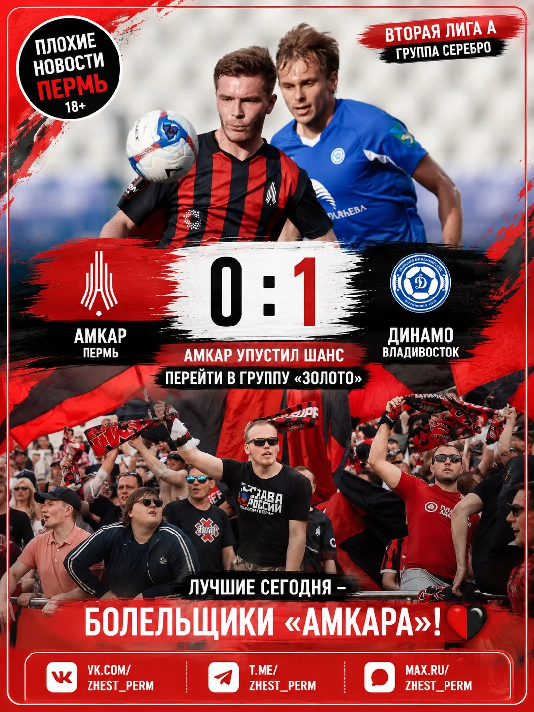 ⚽️ «Амкар» остался в группе «Серебро»

Вчера на стадионе «Звезда» пермский «Амкар» уступил «Динамо-В
