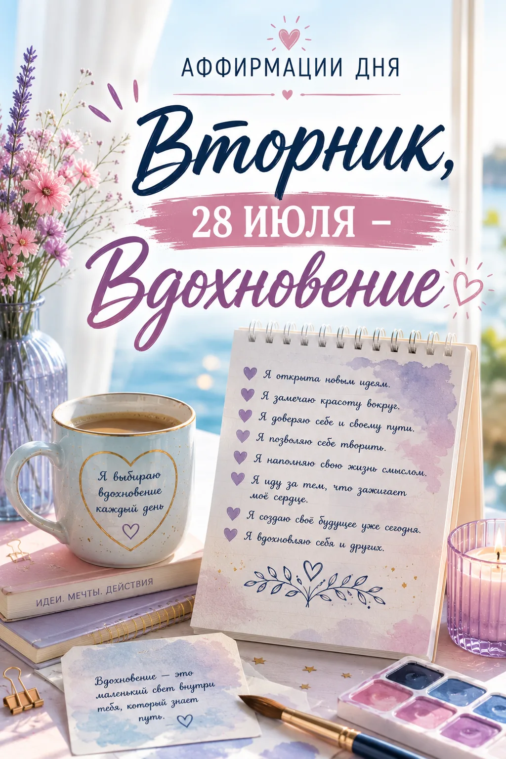 🔥 Аффирмации дня

🌸 Вторник, 28 июля — Вдохновение

Моё сердце наполнено вдохновением ✨

Я открыта