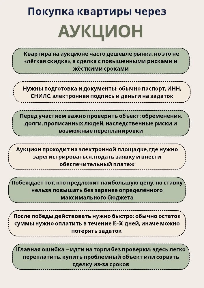 Аукцион — экономия или игра с огнём?🔥

Сделки через аукцион в Москве часто обещают цену ниже рынка,