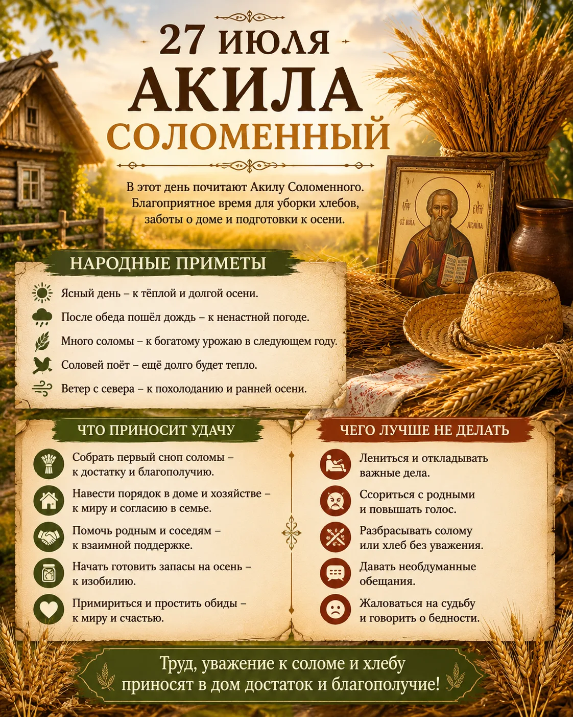 🌾 Народные приметы на 27 июля — Акила Соломенный 🌾

27 июля в народном календаре вспоминают Акилу 